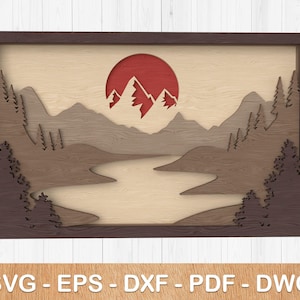 Pôr do sol em camadas no rio da montanha, arquivo de corte para parede svg da floresta, arte de parede de mandala multicamadas, madeira multicamadas 3D Glowforge