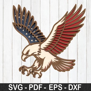 Aquila e bandiera pronti da tagliare, file DXF in formato SVG, file di taglio laser della bandiera americana per decorazioni murali fai da te, progetto Glowforge multistrato, bandiera americana in formato SVG