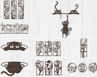 Lasergesneden bestanden kat en bloem | Grappig wanddecor (SVG DXF PDF)