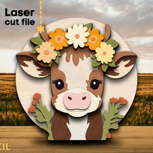 Cow SVG Laser Cut File – Multilayer Floral Cow Head Wall Art – Farm Animal Round Sign – Wall Art for Cricut – Glowforge – INSTANT DOWNLOAD