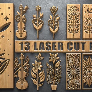 13 elegantes diseños florales y musicales de arte mural cortados a láser. Paquete de paneles ornamentados cortados a láser: motivos florales, de violín y de loto. Archivos SVG para decoración de pared.