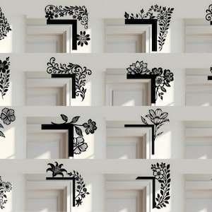 Op de afbeelding: Een verzameling zwarte hoekstickers met bloemen- en botanische ontwerpen. Elke sticker is een decoratief accent voor deurkozijnen, met verschillende bloemen- en bladpatronen. De stickers worden weergegeven op witte deurkozijnen.