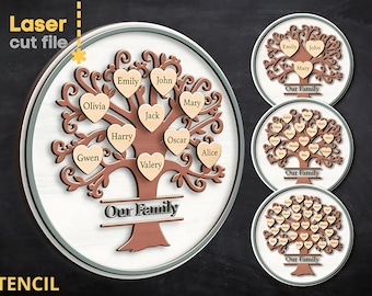 May include: Wooden family tree wall art with heart-shaped name tags. The tree is brown with a white background and a silver border. The text "Our Family" is at the base of the tree. The image also shows the text "Laser cut file" and "ZISTENCIL".