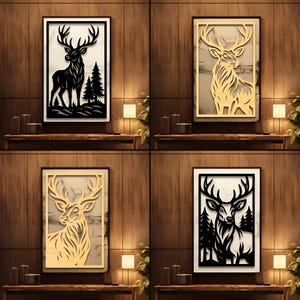 May include: Four framed wall art pieces with deer designs. Two feature black deer silhouettes with trees, and two have gold deer cutouts. Each piece is rectangular and set against a wood-panelled wall.