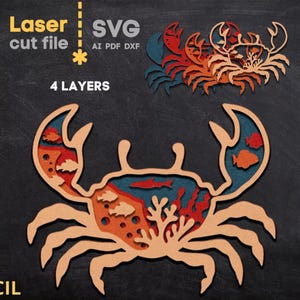 Krabbe Laser Cut File SVG - Layered Ocean Mandala Sea Animal Design - 4-Layer Beach Wall Art für Cricut, Glowforge, Wanddekor, 3D Layer