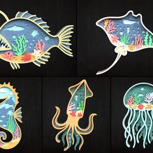 Underwater Sea Animal SVG Bundle, 3D Layered Ocean Laser Cut Files for Cricut Glowforge | Jellyfish, Squid, Manta Ray Wall Decor | Wall art