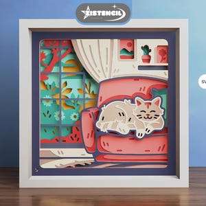 Sleeping Cat on The Couch 3D Layered Paper Cut, 3d shadow box svg, 3d svg, 3d layered svg, Mandala svg, Svg files for Cricut Silhouette
