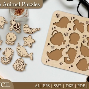 Cute Sea Animal Puzzle SVG | Ocean Animal Laser Cut File | Montessori Wooden Puzzle Template | Sea Life Svg for Kids | Dxf Eps Pdf Png Ai