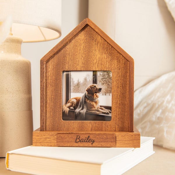 Urna commemorativa per ceneri di cani di grandi dimensioni – Scatola commemorativa in legno con incisione personalizzata e cornice per foto (100 libbre)