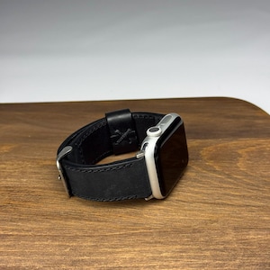 Personalized Black Leather Apple Watch Band: Custom Engraved Strap