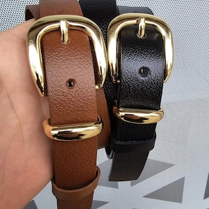 Women&#39;s Leather Belt with Gold Buckle - Black & Brown Skinny Waist Belt Four you Gift