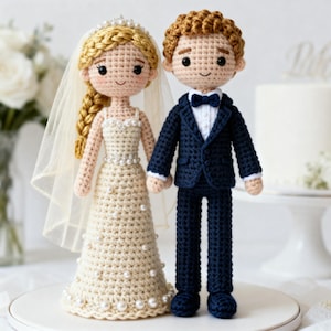 Op de afbeelding: Gehaakte bruid en bruidegom taarttoppers. De bruid draagt een crèmekleurige jurk met parelaccenten en een sluier. De bruidegom draagt een marineblauw pak met een vlinderdas. Beide hebben wollen haar en lachende gezichten.