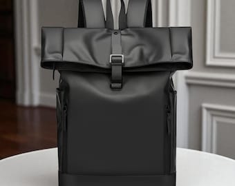 Wasserdichter Roll-Top-Rucksack 20-35L, Vegane Leder-Laptoptasche 15.6", Reisen, Schule, Pendler, Unisex-Diebstahlschutz-Rucksack