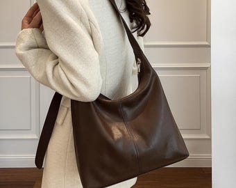 Vegan Leather Shoulder Bag for Women | Large Soft Tote | Minimalist Crossbody in Black, Brown, Khaki or Chocolate Brown | Eco Purse