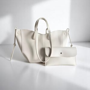 Weißes PU-Leder-Einkaufstaschen-Set - große Schultertasche mit Clutch | Minimalistische Arbeitstasche, Reisetasche, Jeden Tag Elegante Handtasche
