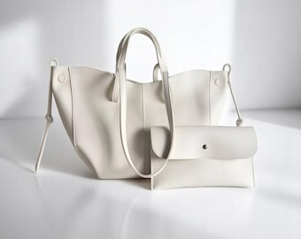 White Vegan Leather Tote Bag - Large Minimalist Shoulder Bag for Women, Elegant Everyday Work Purse with Clutch
