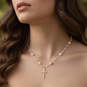 Pearl Cross Necklace, Bridal Jewelry, Gold necklace, Silver necklace, Rosary Necklace, Diamond Cross, Gift for Bridesmaids