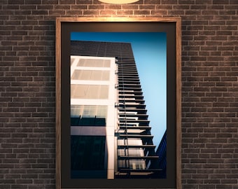 Muurkunst moderne architectuur – print stedelijke fotografie, hedendaags gebouw stadsgezicht voor decoratie thuis of op kantoor
