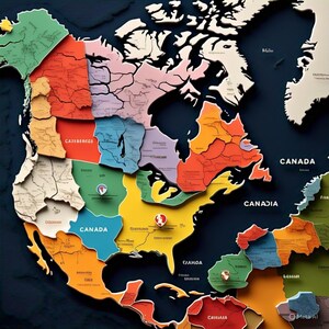 クリエイティブなカナダと北アメリカの地図 - ユニークでカラフルなデザイン - オフィスの壁アート - ヴィンテージ壁紙 - リビングルームの装飾