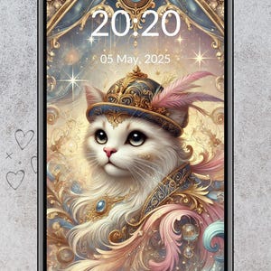 Könnte beinhalten: Eine weiße Katze mit blauen Augen trägt eine goldene und blaue Krone mit einer rosa Feder. Die Katze ist umgeben von verzierten goldenen und rosa floralen Designs. Der Hintergrund ist ein hellblauer und weißer Himmel mit Sternen. Die Zeit 20:20 und das Datum 05. Mai 2025 werden auf dem Bildschirm angezeigt.