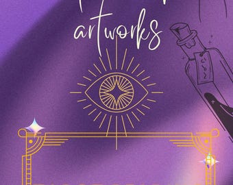 May include: Purple background with a gold frame and the text "Tarot Reading". Inside the frame are four tarot cards with various symbols. The background also features a hand holding a crescent moon, a bottle with a label, and a stylized eye with rays of light.