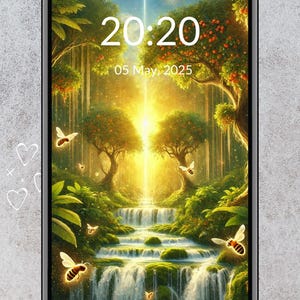 Puede incluir: La pantalla de un teléfono digital que muestra una escena de naturaleza con una cascada, árboles y abejas. La hora es 20:20 y la fecha es 05 de mayo de 2025. El texto "charged with Reiki energy" está en la parte inferior de la pantalla.