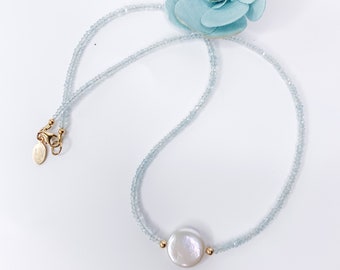 Aquamarine Beaded Strand with Coin Pearl