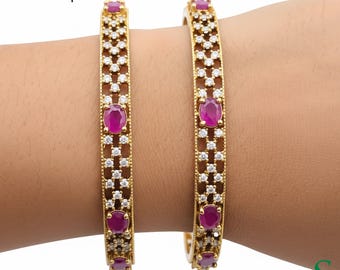 Ruby American Diamond Gold Plated Bangles Sizes 2.4 2.6 2.8 Wedding Kangan Pair
