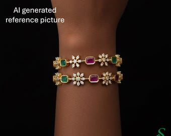 Size 2.4 Ruby Emerald American Diamond Bangles Gold Plated Indian Wedding Kangan Pair