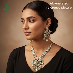 Puede incluir: Un conjunto de collar y pendientes dorados. La joyería presenta diseños intrincados con detalles en rojo, verde y blanco, y colgantes en forma de lágrima. La mujer de la imagen lleva una blusa negra.