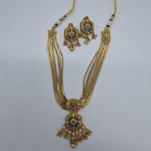 Antique Gold Multi Strand Chain Necklace Set with Hexagon Pendant, Indian Bridal Jewelry