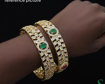 Gold Plated CZ Bangles Size 2.4 Ruby Emerald Indian Wedding Jewelry Kangan Pair
