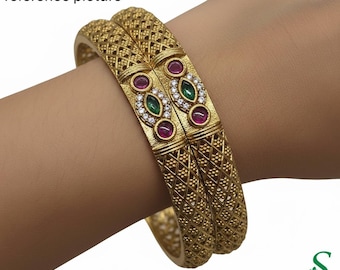 Antique Matte Gold Mesh Bangles with Ruby Emerald Stones Kangan Set Sizes 2.4-2.8