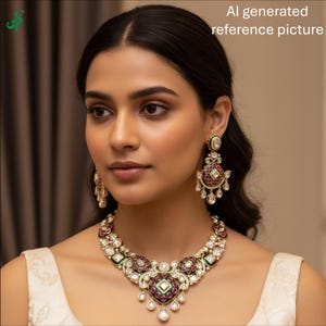 May include: A woman wearing a gold-toned necklace and matching earrings. The jewelry features red, green, and white accents. The necklace and earrings are ornate and detailed, with a classic design.