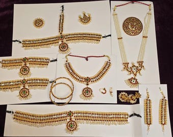 Junior Bharatnatyam Temple Jewelry Set Kemp Stone Kids Arangetram Full Dance Costume Set