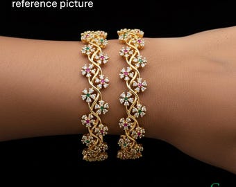 Gold Floral Vine Bangles Size 2.4 American Diamond Indian Wedding Set