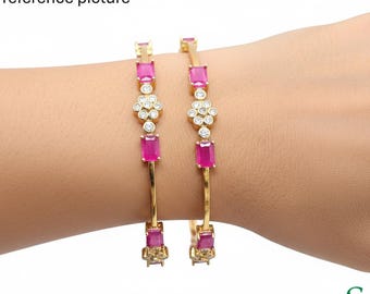 Ruby Emerald Baguette Stone Bangles Gold Plated Indian Wedding Kangan Pair Sizes 2.4-2.8