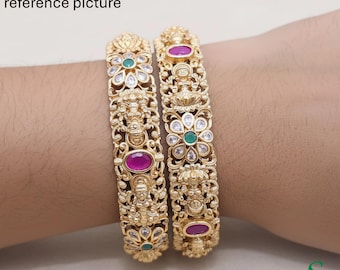 Gold Plated Lakshmi Temple Bangles Kemp Stone Kangan Pair for Indian Wedding Sizes 2.4-2.8