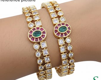 Square Stone CZ Bangles Ruby Emerald Sizes 2.4 2.6 2.8 Indian Pattu Saree Kangan