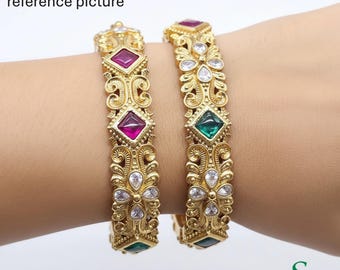 Matte Gold Ruby Emerald Square Stone Bangles Indian Wedding Kangan Sizes 2.4 2.6 2.8