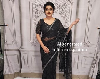 Shimmering Sequin Net Saree with Floral Embroidery and Designer Blouse