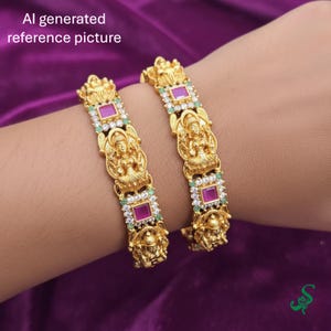 Lakshmi Temple Jewelry Bangles Ruby Emerald Kangan Pair Indian Wedding Set sizes 2.4-2.8