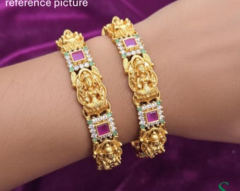 Lakshmi Temple Jewelry Bangles Ruby Emerald Kangan Pair Indian Wedding Set sizes 2.4-2.8