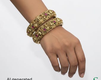 Antique Gold Lakshmi Temple Kada Bangles Ruby Kemp Stone Wedding Jewelry Set Sizes 2.6 2.8
