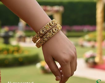 Floral Matte Gold Indian Bangles Ruby Emerald Kangan Set Sizes 2.4 2.6 2.8