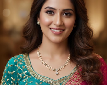Dainty Gold Plated American Diamond Star Necklace Set with Stud Earrings and Matching Ring