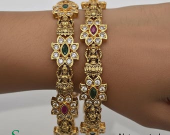 Lakshmi Temple Gold Bangles Size 2.6 2.8 Indian Wedding Kangan Set