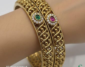Matte Gold Indian Bangles Ruby Emerald Kemp Stone Kangan Set Sizes 2.4-2.8