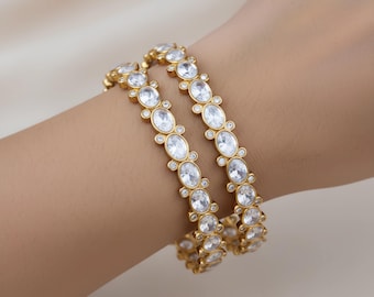 Matte Gold Ruby Oval Stone Bangles Pair Size 2.4 2.6 2.8 Indian Saree Jewelry