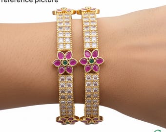Ruby Emerald Mosaic Square Stone Bangles Gold Plated Floral Kangan Sizes 2.4-2.8